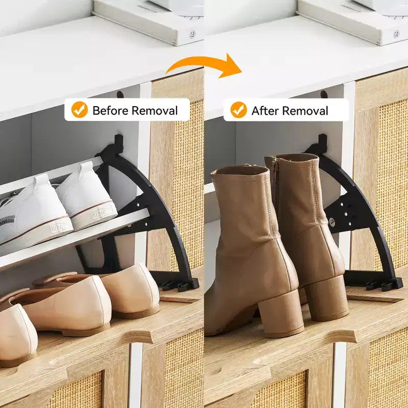 Meuble à chaussures à quatre portes avec trois étagères réglables, idéal pour les talons hauts, les bottes et les entrées élégantes – une solution de rangement parfaite pour votre couloir.