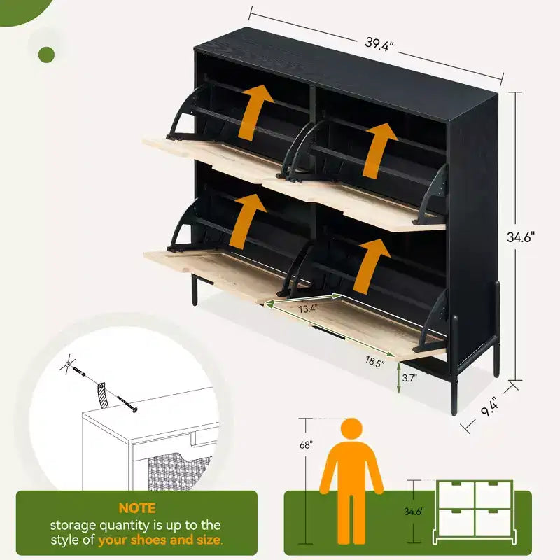 Meuble à chaussures à quatre portes avec trois étagères réglables, idéal pour les talons hauts, les bottes et les entrées élégantes – une solution de rangement parfaite pour votre couloir.
