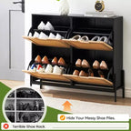 Meuble à chaussures à quatre portes avec trois étagères réglables, idéal pour les talons hauts, les bottes et les entrées élégantes – une solution de rangement parfaite pour votre couloir.
