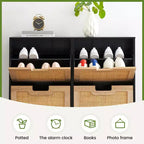 Meuble à chaussures à quatre portes avec trois étagères réglables, idéal pour les talons hauts, les bottes et les entrées élégantes – une solution de rangement parfaite pour votre couloir.