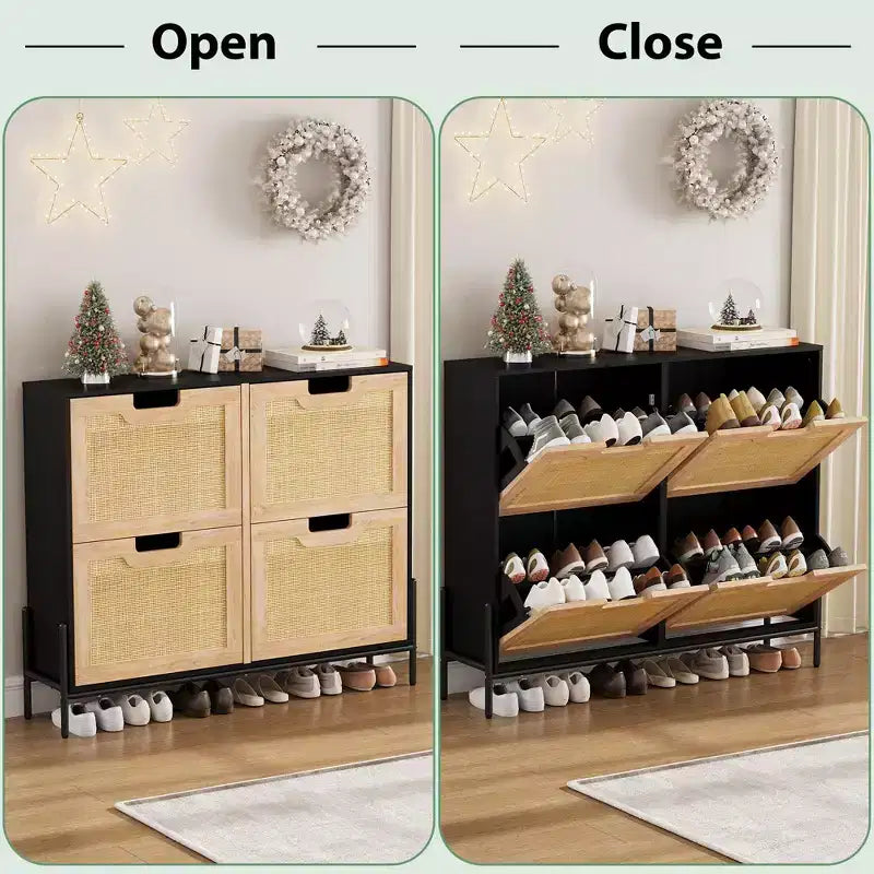 Meuble à chaussures à quatre portes avec trois étagères réglables, idéal pour les talons hauts, les bottes et les entrées élégantes – une solution de rangement parfaite pour votre couloir.