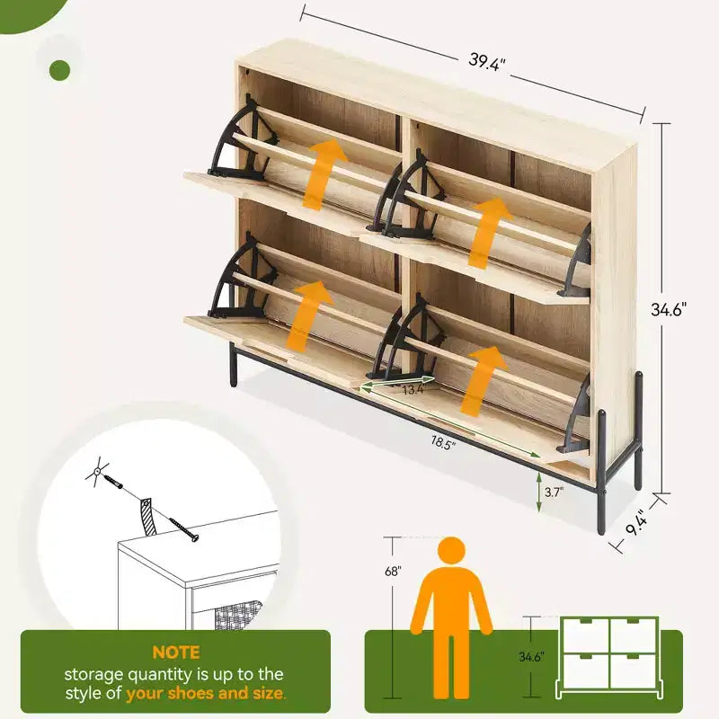 Meuble à chaussures à quatre portes avec trois étagères réglables, idéal pour les talons hauts, les bottes et les entrées élégantes – une solution de rangement parfaite pour votre couloir.