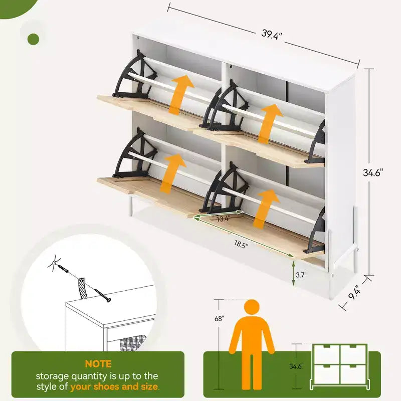 Meuble à chaussures à quatre portes avec trois étagères réglables, idéal pour les talons hauts, les bottes et les entrées élégantes – une solution de rangement parfaite pour votre couloir.