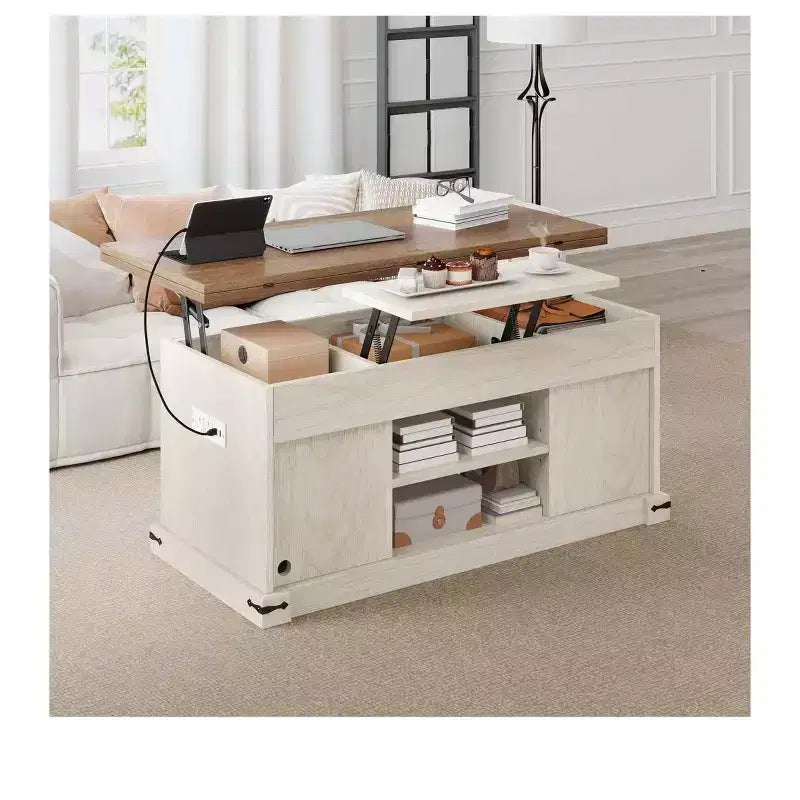Table basse de ferme relevable avec plateau extensible, porte coulissante et station de charge pour salon