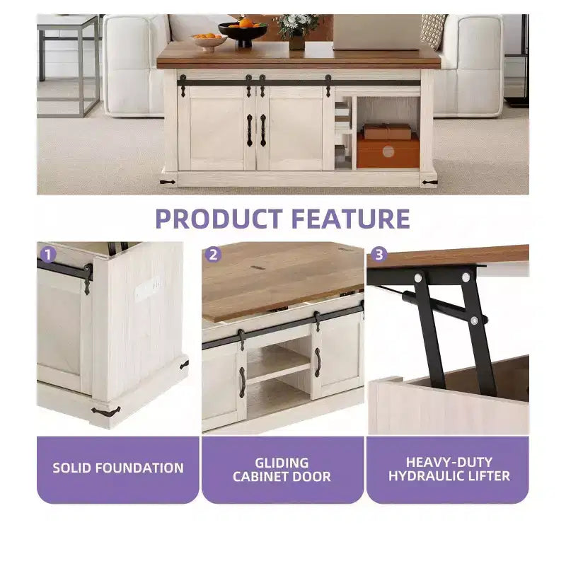 Table basse de ferme relevable avec plateau extensible, porte coulissante et station de charge pour salon