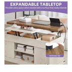 Table basse de ferme relevable avec plateau extensible, porte coulissante et station de charge pour salon