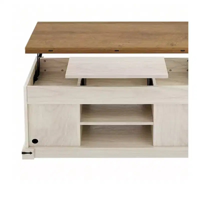 Table basse de ferme relevable avec plateau extensible, porte coulissante et station de charge pour salon