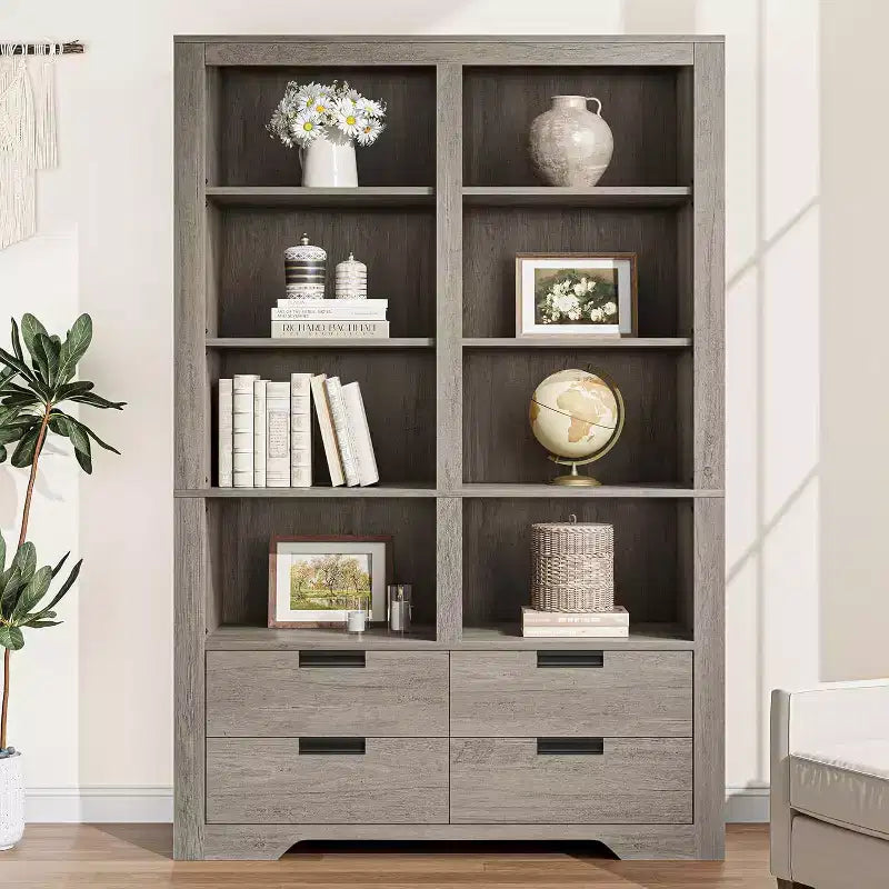 Acekool Bookcase 72 in Tall, DoubleWide 8Shelf with 4 Drawers, AntiTip, Farmhouse Storage for Living Room, Bedroom, Office, 47.2 W x 11.8 D