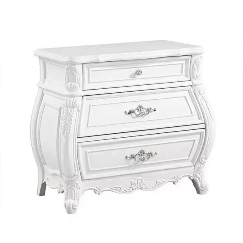 Table de chevet 3 tiroirs en bois massif blanc 31 po avec poignées en métal