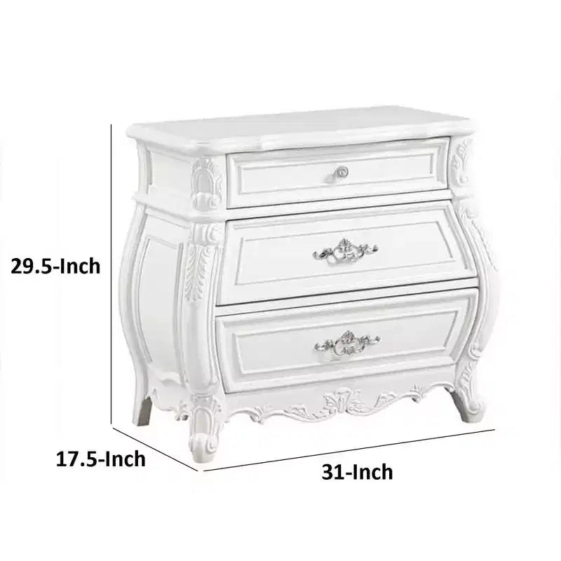 Table de chevet 3 tiroirs en bois massif blanc 31 po avec poignées en métal