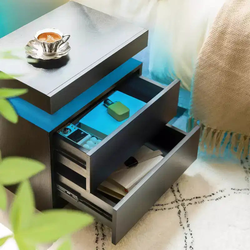 Table de chevet LED, lumières d'armoire de chevet modernes avec 2 tiroirs pour chambre à coucher (Grain de bois noir)