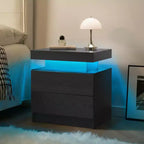 Table de chevet LED, lumières d'armoire de chevet modernes avec 2 tiroirs pour chambre à coucher (Grain de bois noir)