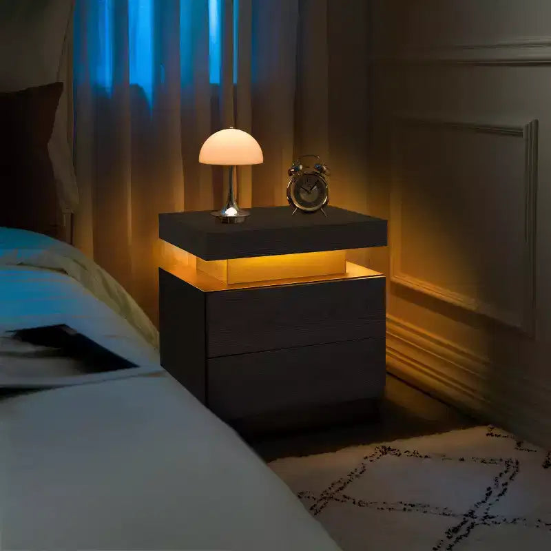 Table de chevet LED, lumières d'armoire de chevet modernes avec 2 tiroirs pour chambre à coucher (Grain de bois noir)