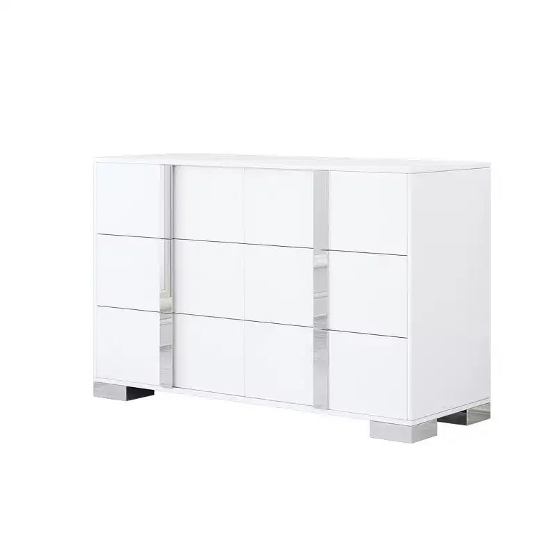 Commode moderne à 6 tiroirs avec poignées miroir et dispositif anti-basculement