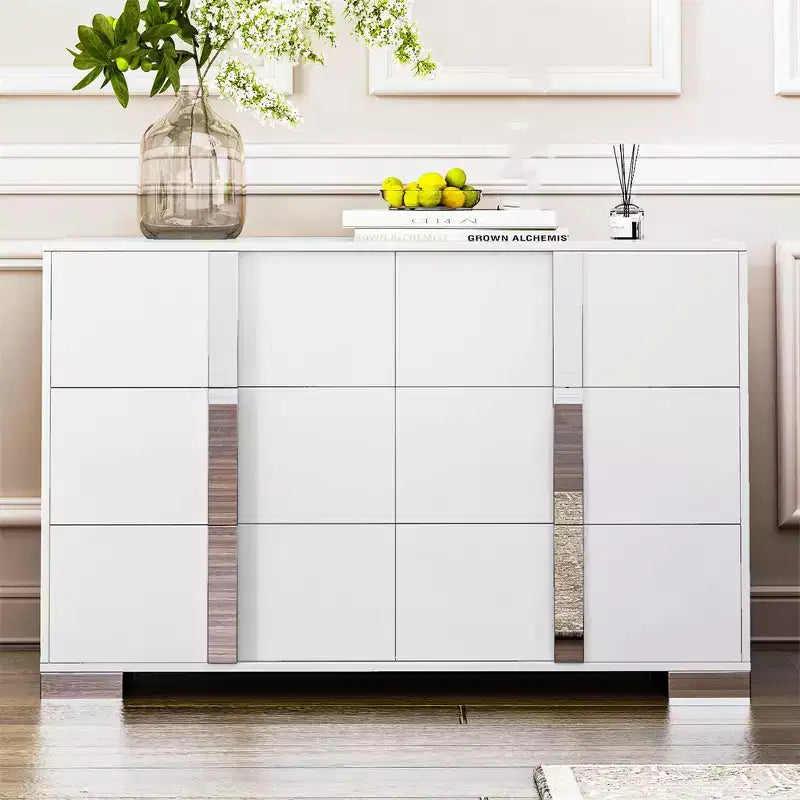 Commode moderne à 6 tiroirs avec poignées miroir et dispositif anti-basculement