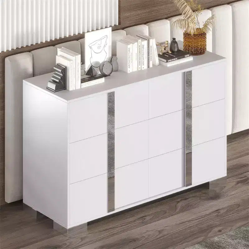 Commode moderne à 6 tiroirs avec poignées miroir et dispositif anti-basculement