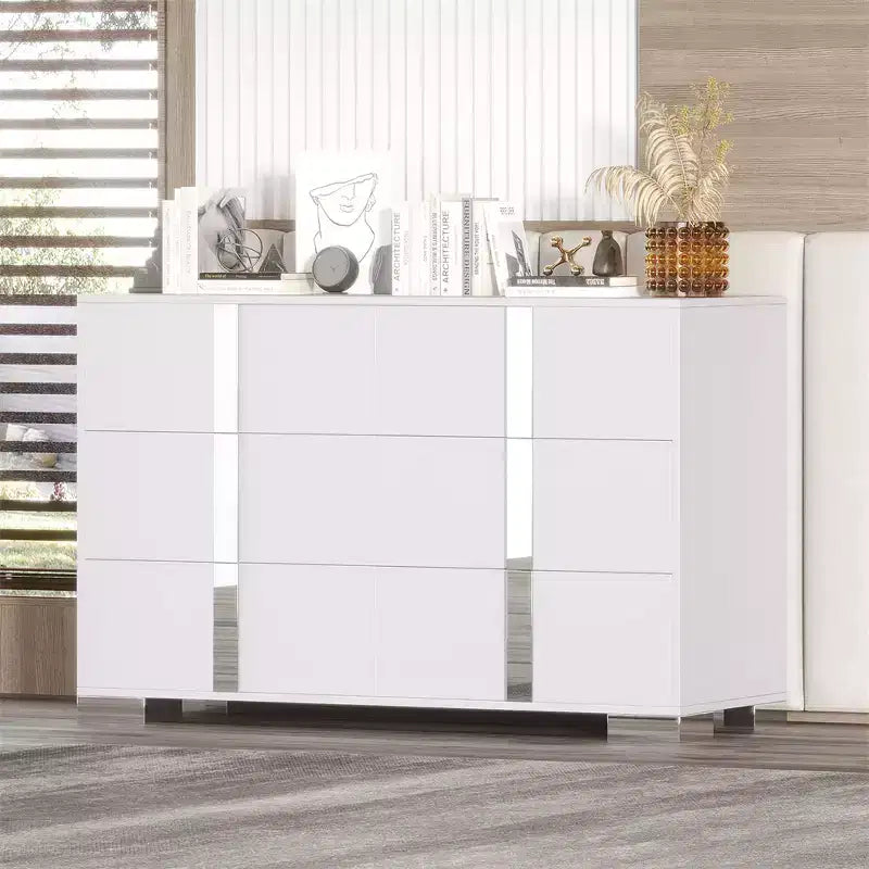 Commode moderne à 6 tiroirs avec poignées miroir et dispositif anti-basculement