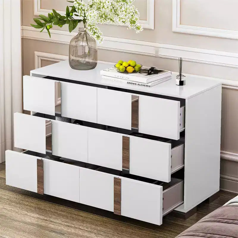 Commode moderne à 6 tiroirs avec poignées miroir et dispositif anti-basculement
