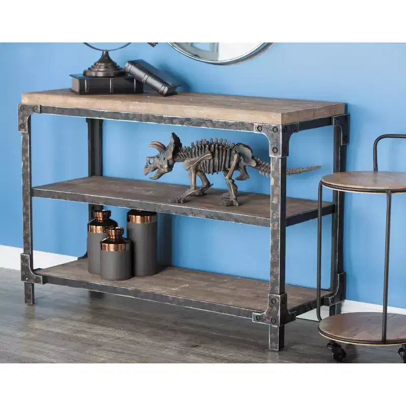 Console industrielle rustique à 3 niveaux – Bois massif et métal, marron