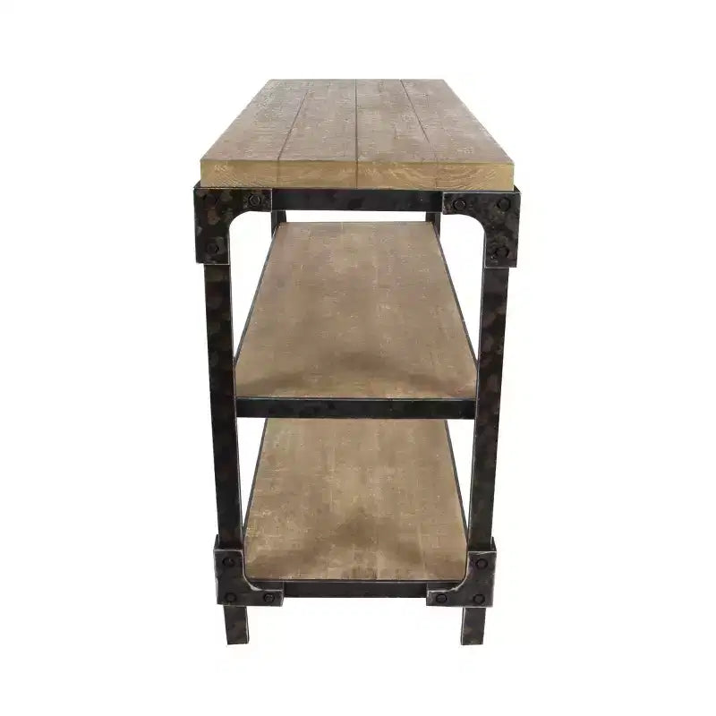 Console industrielle rustique à 3 niveaux – Bois massif et métal, marron