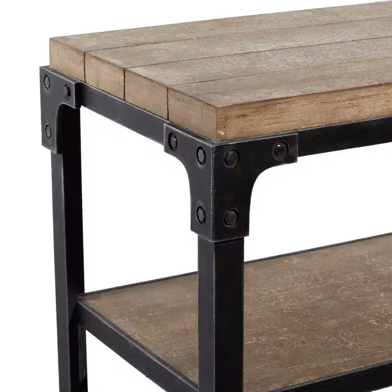 Console industrielle rustique à 3 niveaux – Bois massif et métal, marron