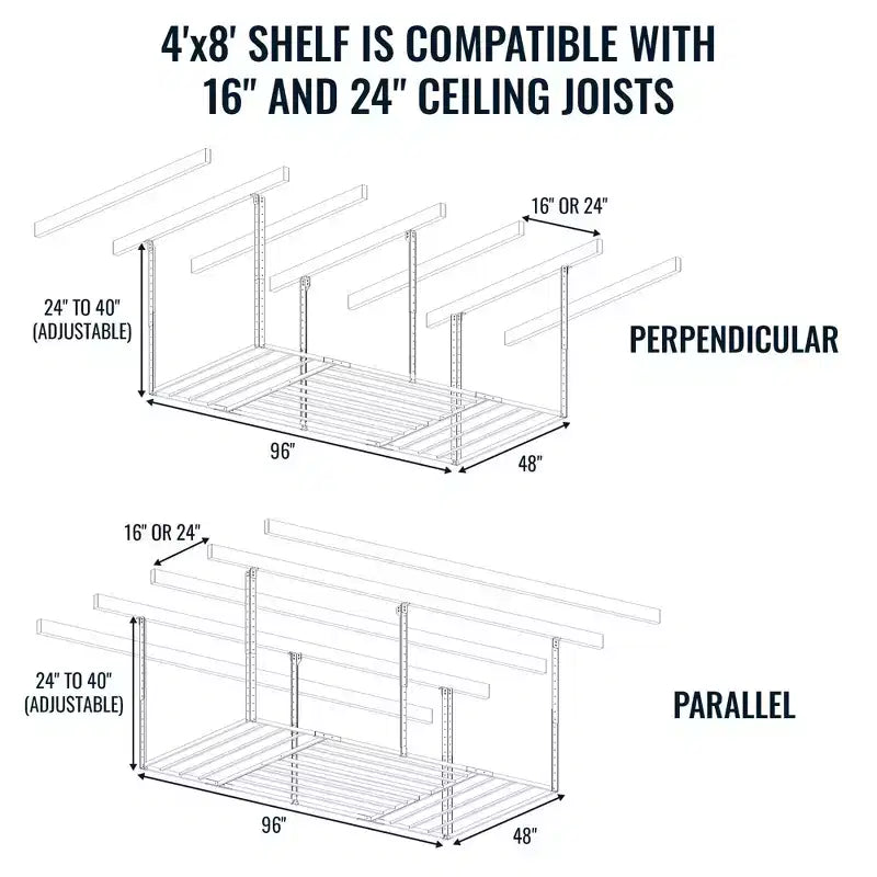 Support de rangement suspendu pour garage 4' x 8' avec crochets – Capacité de 317,5 kg