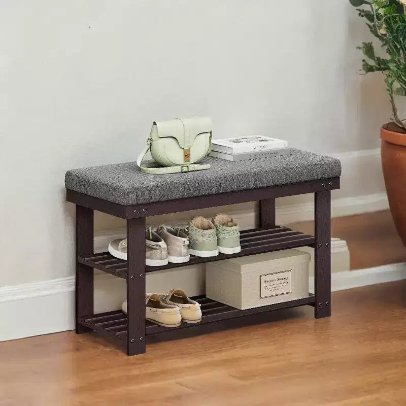 Bamboo Shoe Bench, 3-Tier Shoe Rack, Stable Shoe Organizer for Entryway, Living Room, Bench Seat Holds Up to 330 lb, 11.4 x 28 x 19.3 Inches